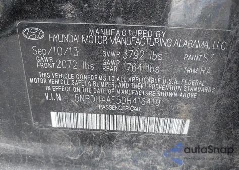 2013 Hyundai Elantra Gls z USA, uszkodzony, nr VIN 5NPDH4AE5DH416419